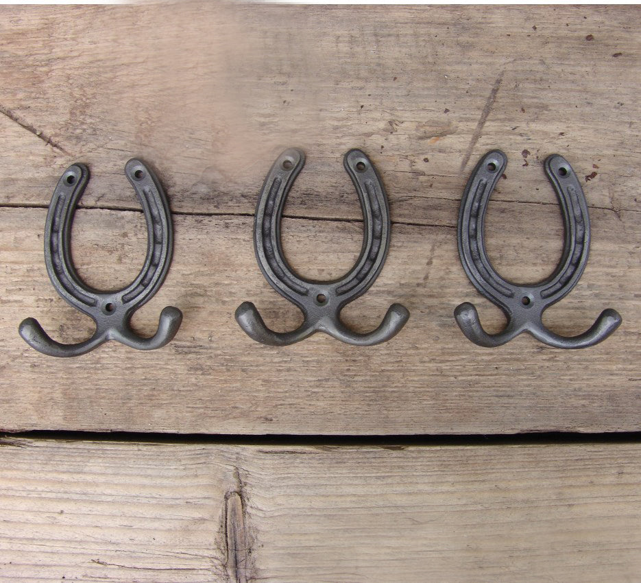 Horseshoe Cast Iron Double Wall Hooks - Set of 3