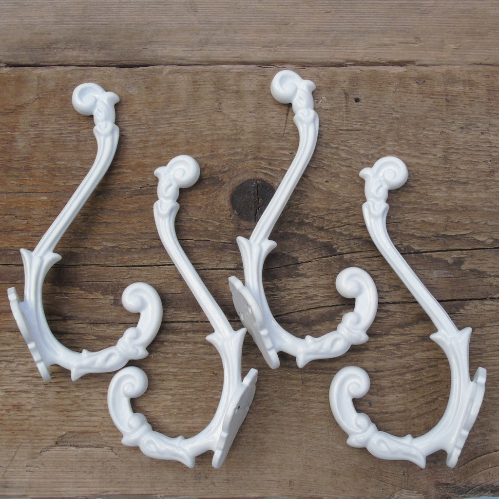 A Set of 4 - White Shabby Chic Ornate French Style Cast Iron Wall Hooks