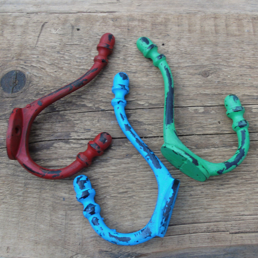 Set of 3 Vintage Style Multi Coloured Cast Iron Acorn Double Wall Hooks