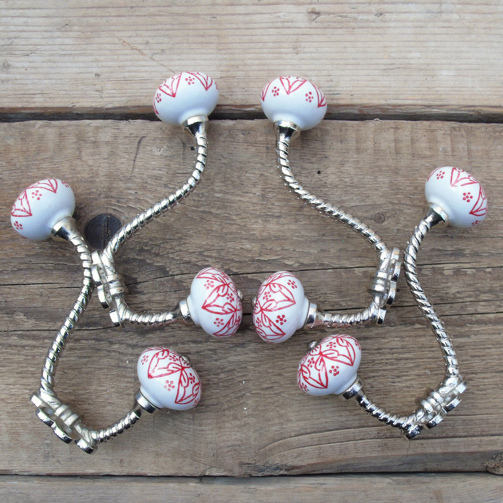 Set of 4 - Vintage White Ceramic Painted Cast Iron Double Wall Hooks