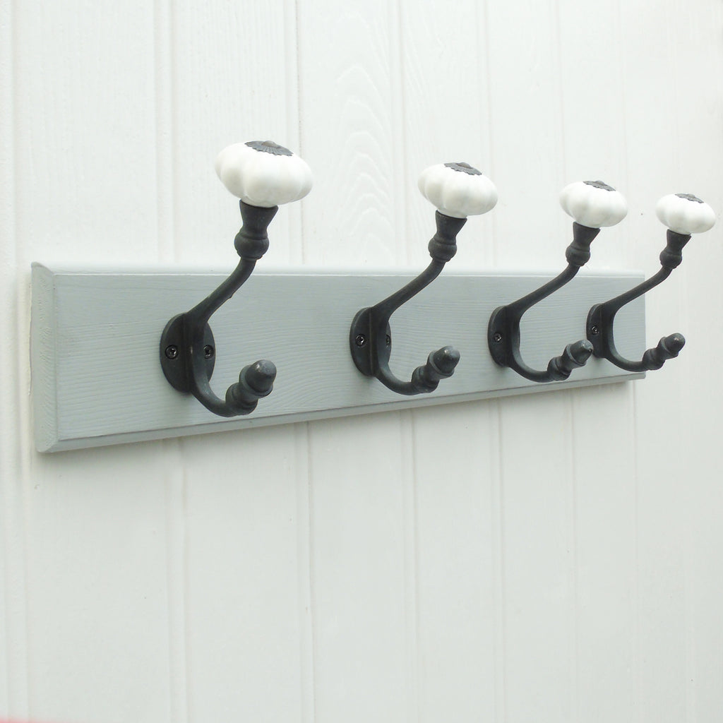 Vintage Style Grey Coat Rack with 4 Cast Iron Ceramic Hooks