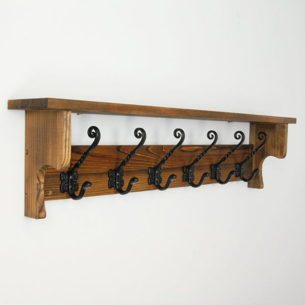 Large Vintage Dark Brown Coat Rack Shelf with 6 Cast Iron Hooks