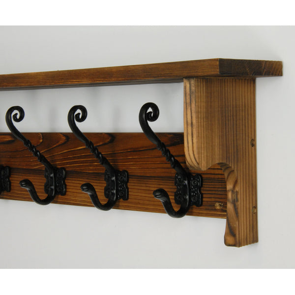 Large Vintage Dark Brown Coat Rack Shelf with 6 Cast Iron Hooks