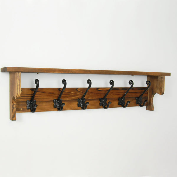 Large Vintage Dark Brown Coat Rack Shelf with 6 Cast Iron Hooks