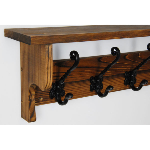 Large Vintage Dark Brown Coat Rack Shelf with 6 Cast Iron Hooks