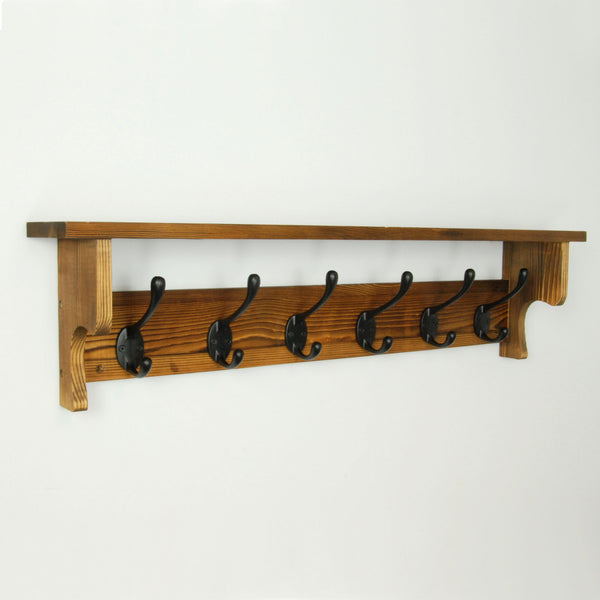 Large Vintage Dark Brown Coat Rack Shelf with 6 Cast Iron Hooks