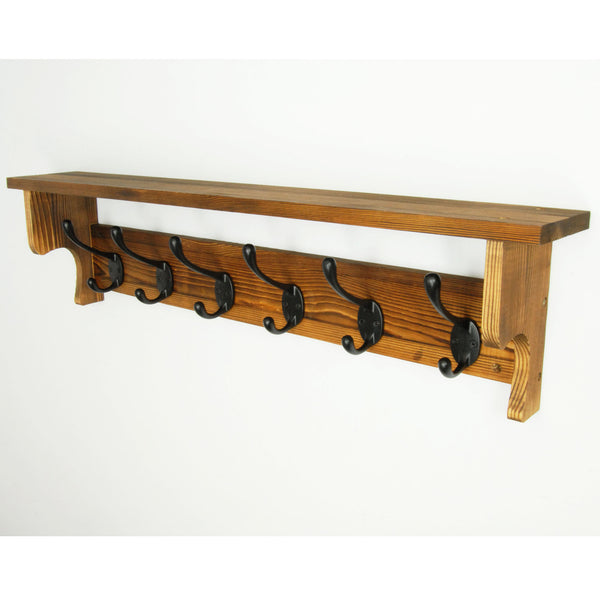 Large Vintage Dark Brown Coat Rack Shelf with 6 Cast Iron Hooks