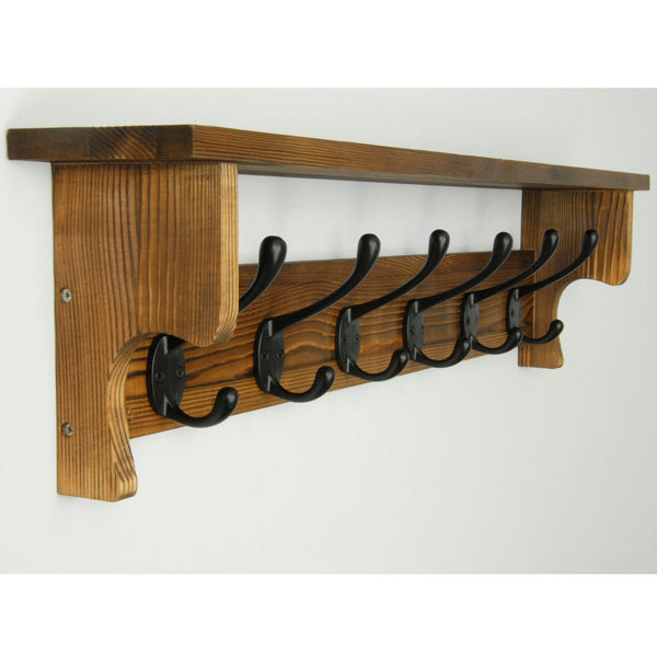 Large Vintage Dark Brown Coat Rack Shelf with 6 Cast Iron Hooks