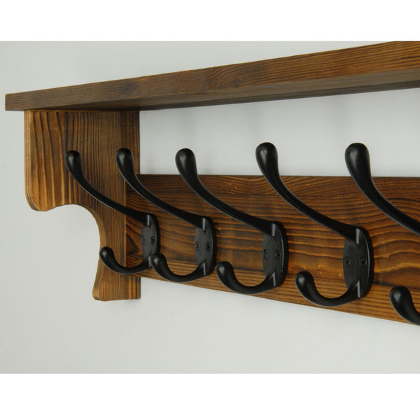 Large Vintage Dark Brown Coat Rack Shelf with 6 Cast Iron Hooks