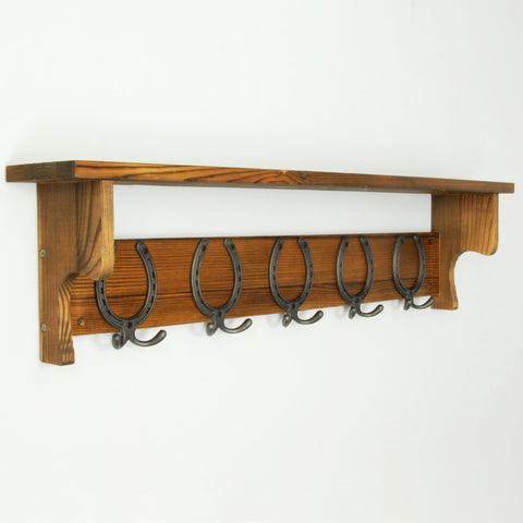 Large Vintage Dark Brown Coat Rack Shelf with 5 Cast Iron Horseshoe Hooks