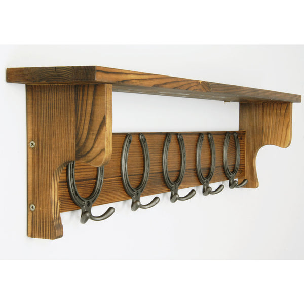 Large Vintage Dark Brown Coat Rack Shelf with 5 Cast Iron Horseshoe Hooks