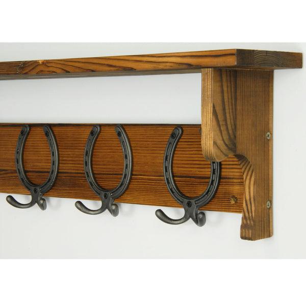 Large Vintage Dark Brown Coat Rack Shelf with 5 Cast Iron Horseshoe Hooks