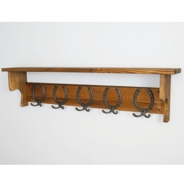 Large Vintage Dark Brown Coat Rack Shelf with 5 Cast Iron Horseshoe Hooks