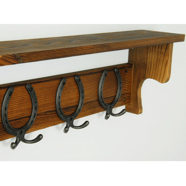 Large Vintage Dark Brown Coat Rack Shelf with 5 Cast Iron Horseshoe Hooks