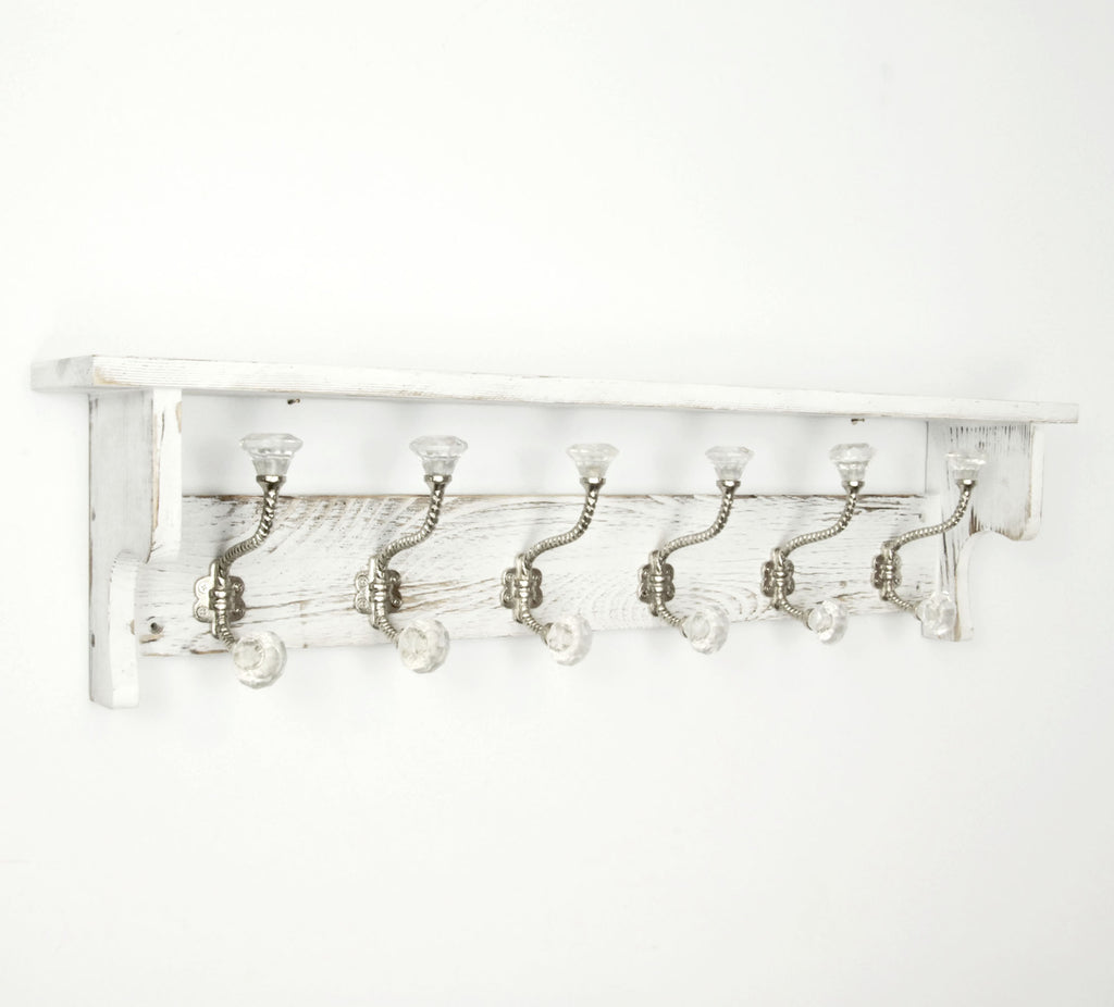 Distressed Coat Racks Large Vintage Distressed White Coat Rack Shelf with 6 Clear Glass Hook ...