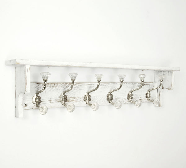 Large Vintage Distressed White Coat Rack Shelf with 6 Clear Glass Hooks