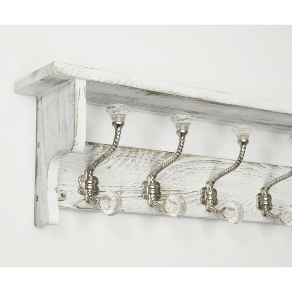 Large Vintage Distressed White Coat Rack Shelf with 6 Clear Glass Hooks