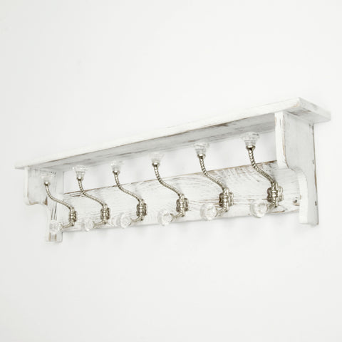 Large Vintage Distressed White Coat Rack Shelf with 6 Clear Glass Hooks