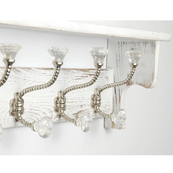 Large Vintage Distressed White Coat Rack Shelf with 6 Clear Glass Hooks