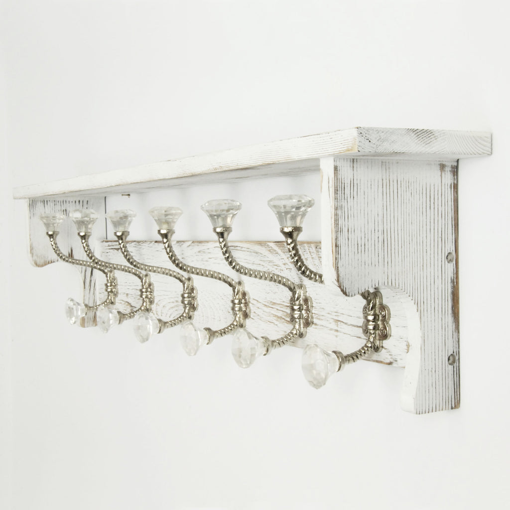 Distressed Coat Racks Large Vintage Distressed White Coat Rack Shelf with 6 Clear Glass Hook ...
