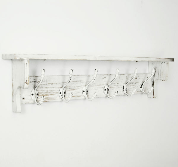 Large Vintage Distressed White Coat Rack Shelf with 6 Cast Iron Hooks