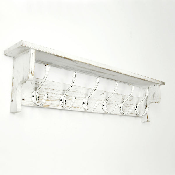 Large Vintage Distressed White Coat Rack Shelf with 6 Cast Iron Hooks