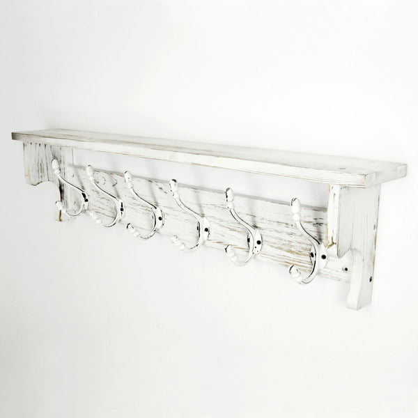 Large Vintage Distressed White Coat Rack Shelf with 6 Cast Iron Hooks