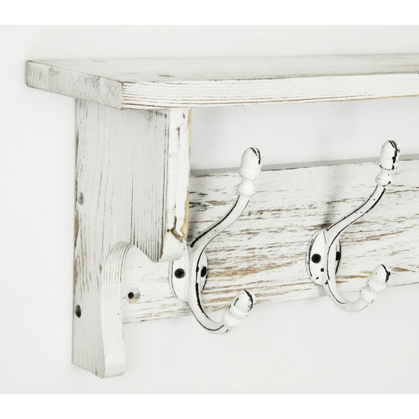 Large Vintage Distressed White Coat Rack Shelf with 6 Cast Iron Hooks