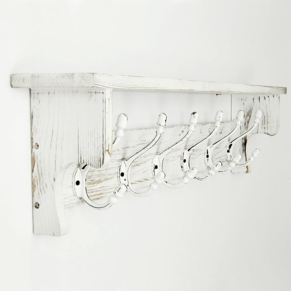 Large Vintage Distressed White Coat Rack Shelf with 6 Cast Iron Hooks