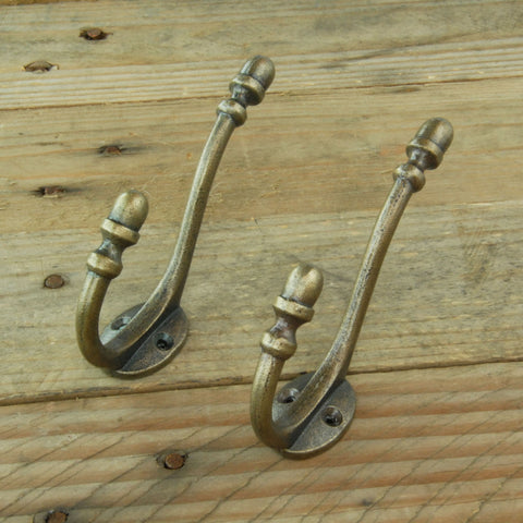 Antique Brass Cast Iron Acorn Double Wall Hooks - Set of 2