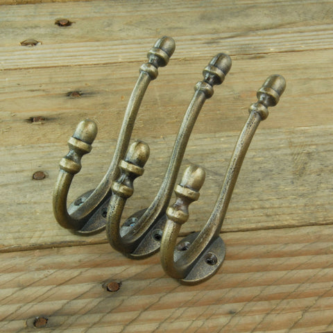 Antique Brass Cast Iron Acorn Double Wall Hooks - Set of 3