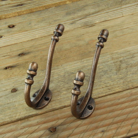 Antique Copper Cast Iron Acorn Double Wall Hooks - Set of 2