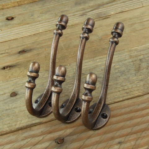 Antique Copper Cast Iron Acorn Double Wall Hooks - Set of 3