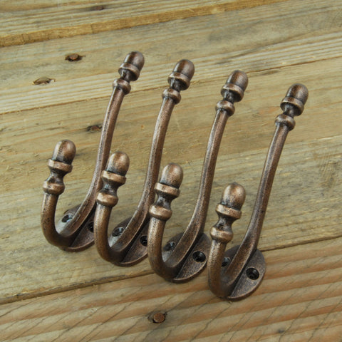 Antique Copper Cast Iron Acorn Double Wall Hooks - Set of 4