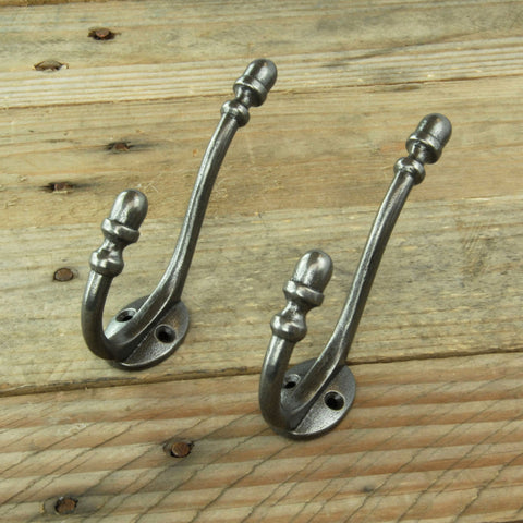 Pewter Finish Cast Iron Acorn Double Wall Hooks - Set of 2