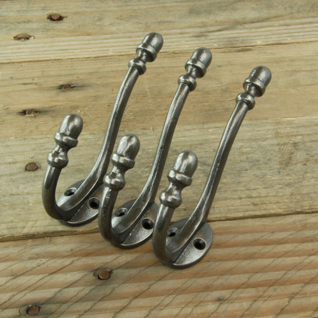 Pewter Finish Cast Iron Acorn Double Wall Hooks - Set of 3