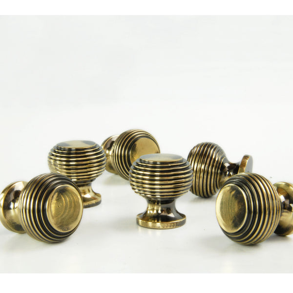 Reeded Beehive Antique Brass Cabinet Kitchen Drawer Knobs Handles