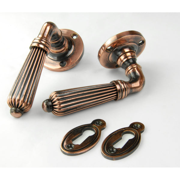 Vintage Regency Reeded Lever Door Handles - Antique Copper