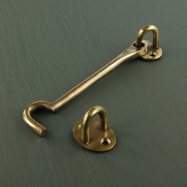Aged Unlacquered Solid Brass Antique Cabin Hook & Eye Latch Lock Door Catch