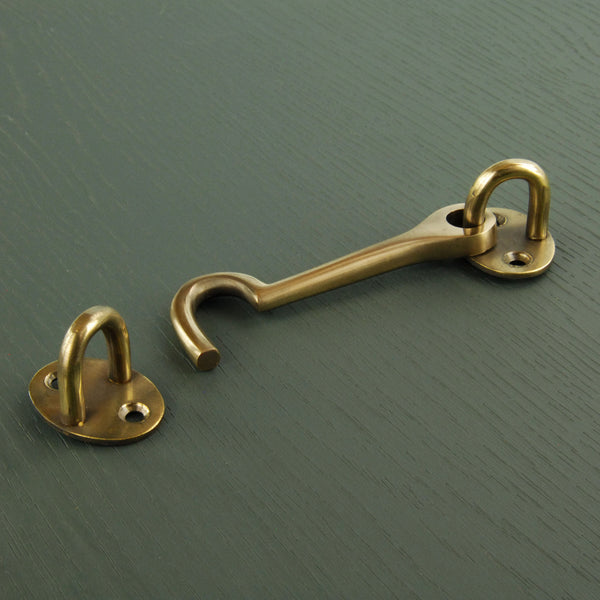 Aged Unlacquered Solid Brass Antique Cabin Hook & Eye Latch Lock Door Catch