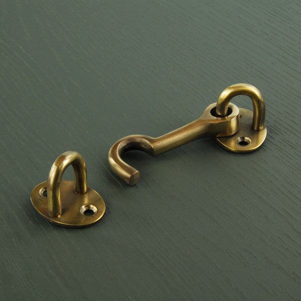 Aged Unlacquered Solid Brass Antique Cabin Hook & Eye Latch Lock Door Catch