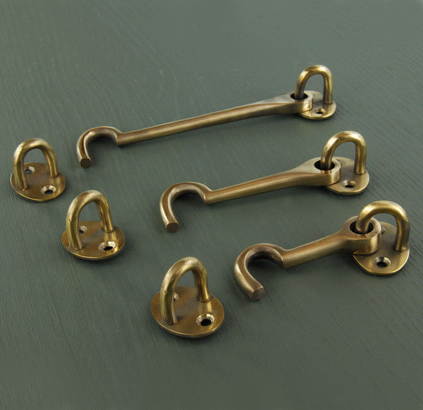 Aged Unlacquered Solid Brass Antique Cabin Hook & Eye Latch Lock Door Catch