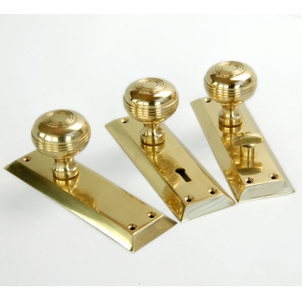 Bellport Polished Solid Brass Round Door Knobs on a Long Backplate