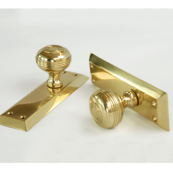 Bellport Polished Solid Brass Round Door Knobs on a Long Backplate