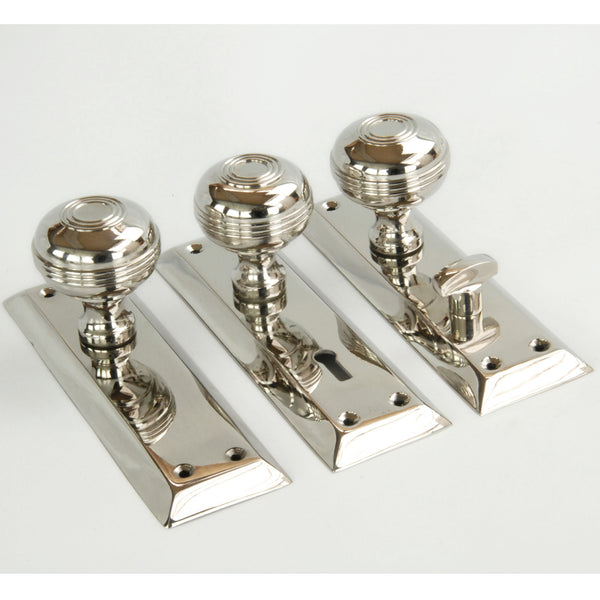 Bellport Polished Nickel Solid Brass Round Bathroom Door Knobs Handles on a Long Backplate