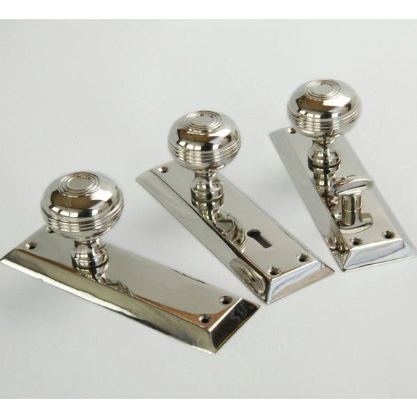 Bellport Polished Nickel Solid Brass Round Bathroom Door Knobs Handles on a Long Backplate