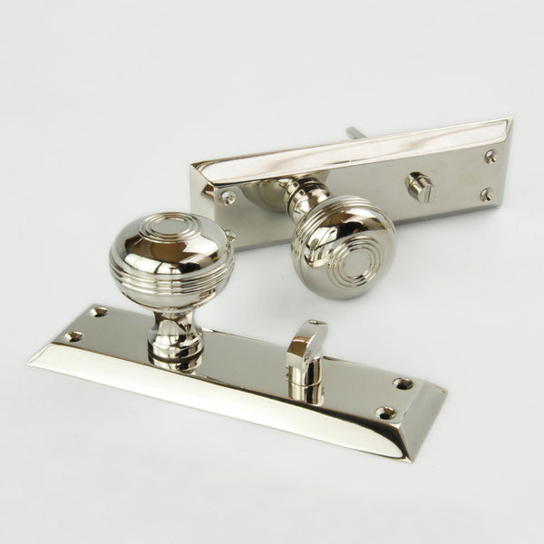 Bellport Polished Nickel Solid Brass Round Bathroom Door Knobs Handles on a Long Backplate