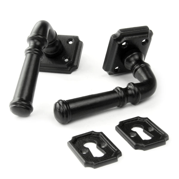 Vintage Style Cast Iron Lever Door Handles on a Square Rose  - Satin Black