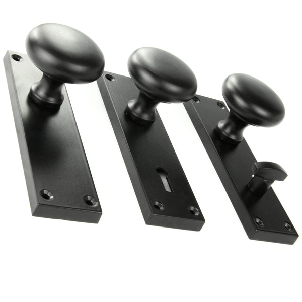 New York Round Door Knobs Handles on Backplate Satin Black