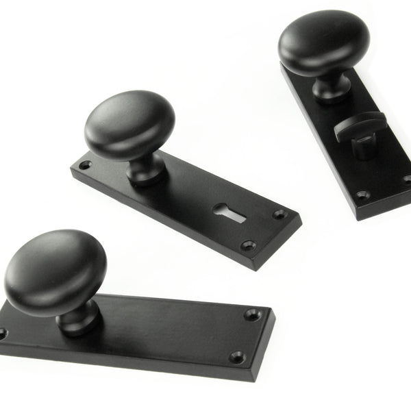 New York Round Door Knobs Handles on Backplate Satin Black